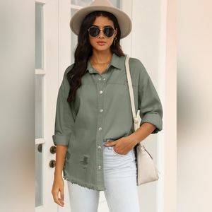 Distressed Snap Down Raw Hem Denim Jacket SALE 20% OFF